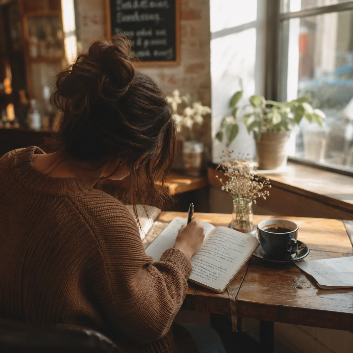 Editorial photograph of a person writing in a journal at a quiet cafe, soft morning light, reflective mood, warm natural tones, shallow depth of field