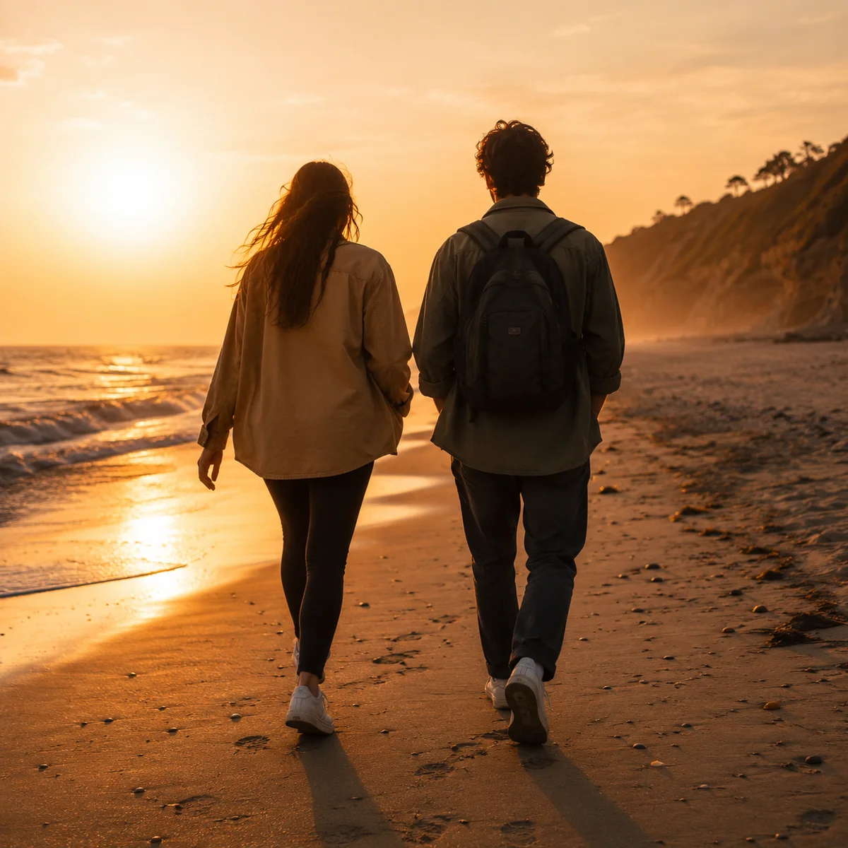 Editorial photograph of two people walking on a beach at sunset from behind, warm golden light, contemplative mood, sense of movement and shared direction