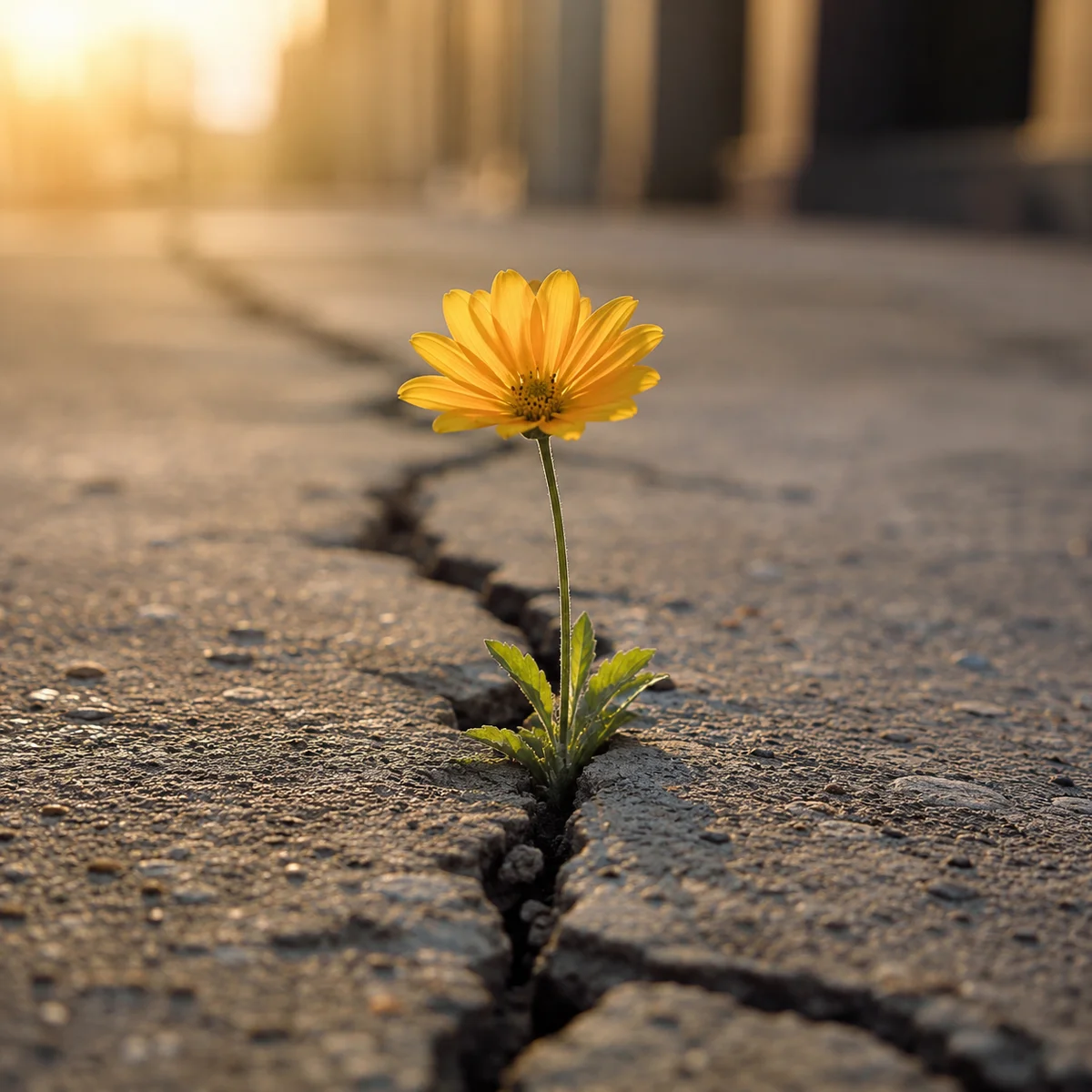 Editorial photograph of a single flower growing through a crack in pavement, soft natural light, shallow depth of field, symbolic of resilience, warm tones