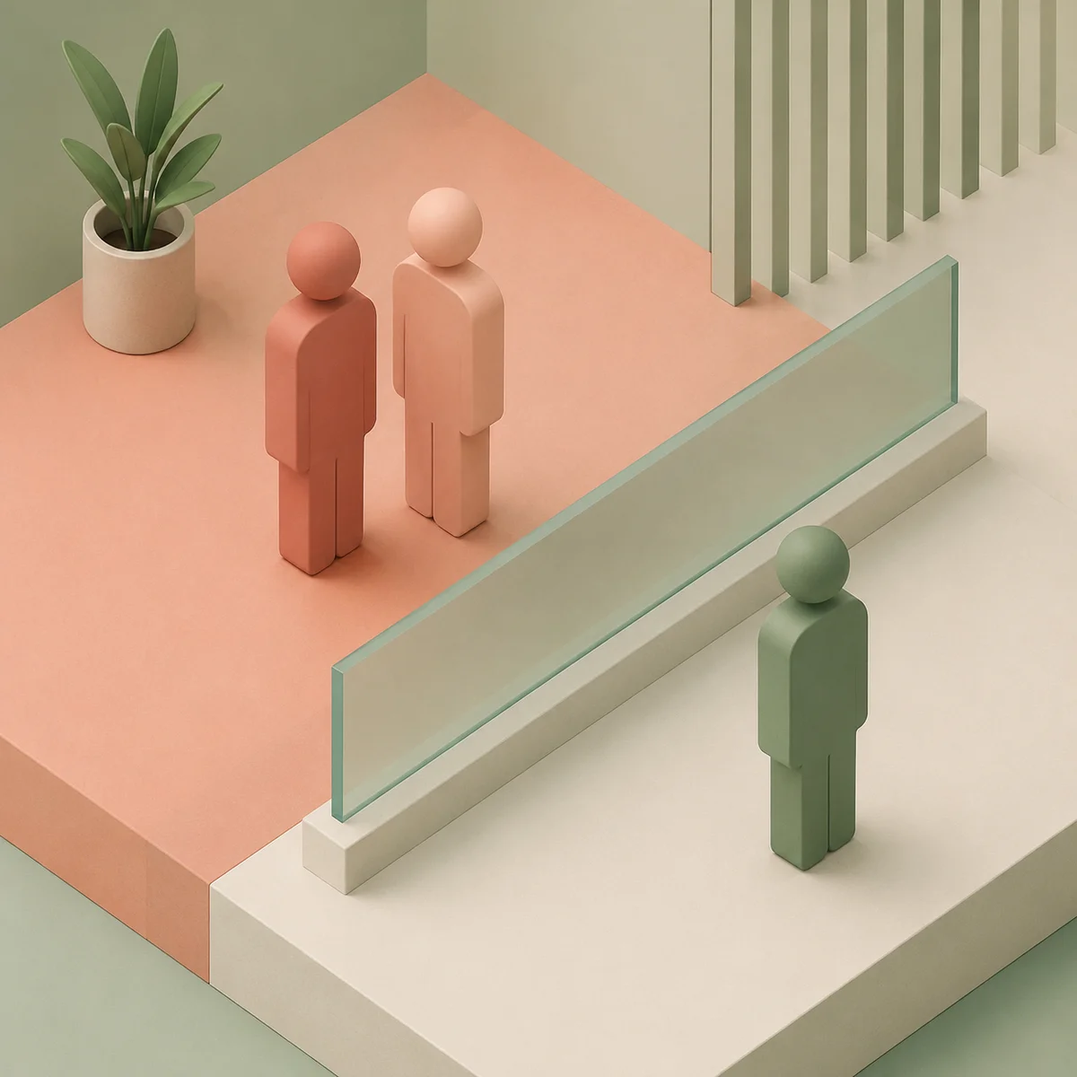 Isometric illustration showing three figures with different levels of inclusion — one standing slightly apart, representing couple privilege in threesome dynamics