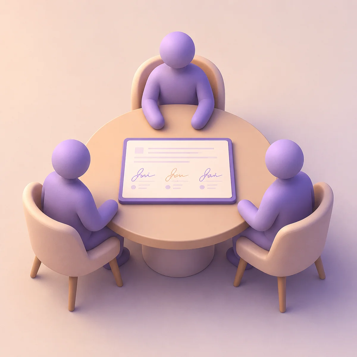 Isometric illustration of three people sitting at a round table with equal chairs, representing the third partner's bill of rights in ethical non-monogamy
