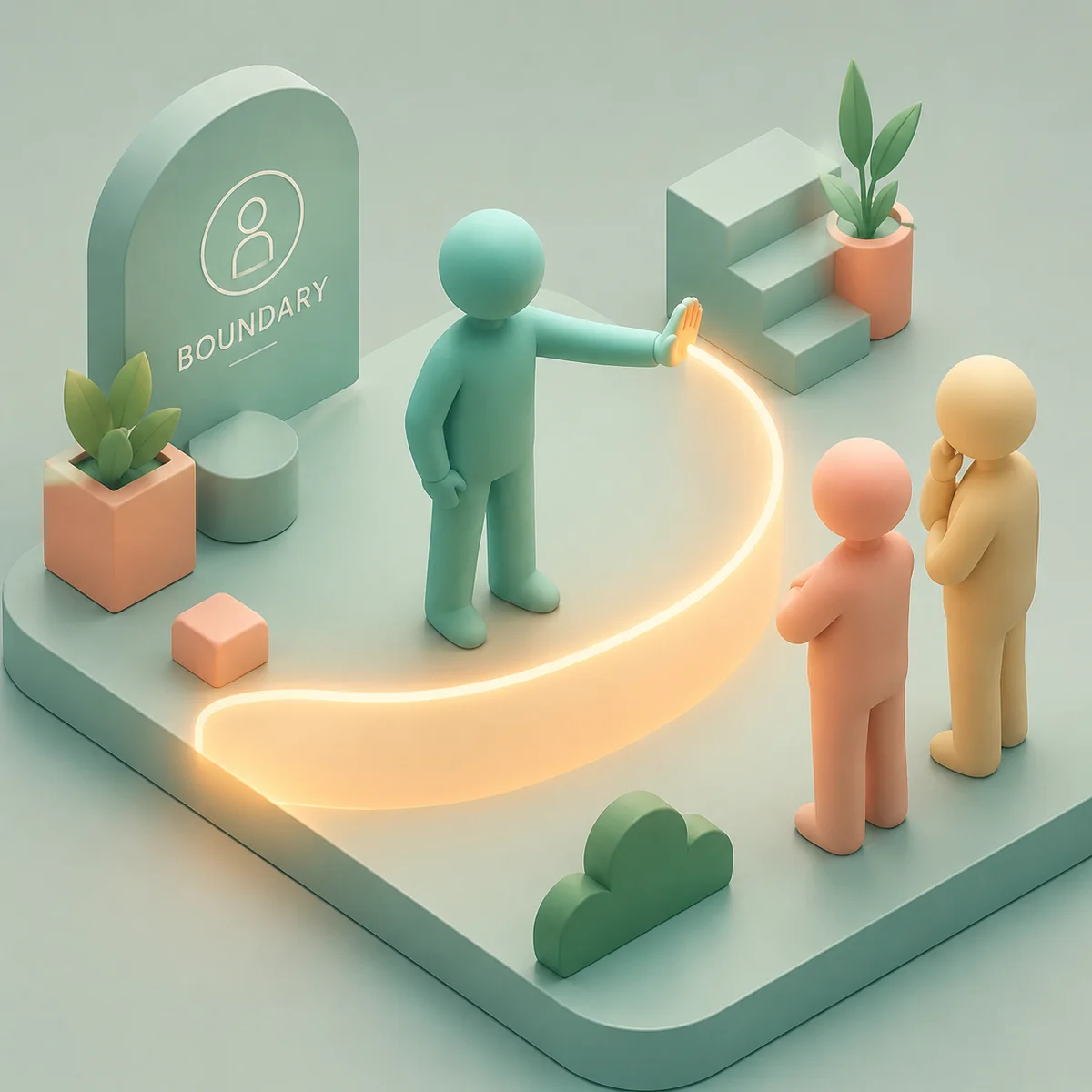 Isometric illustration of a person calmly drawing a boundary line while two others listen, representing healthy boundary-setting in threesome relationships
