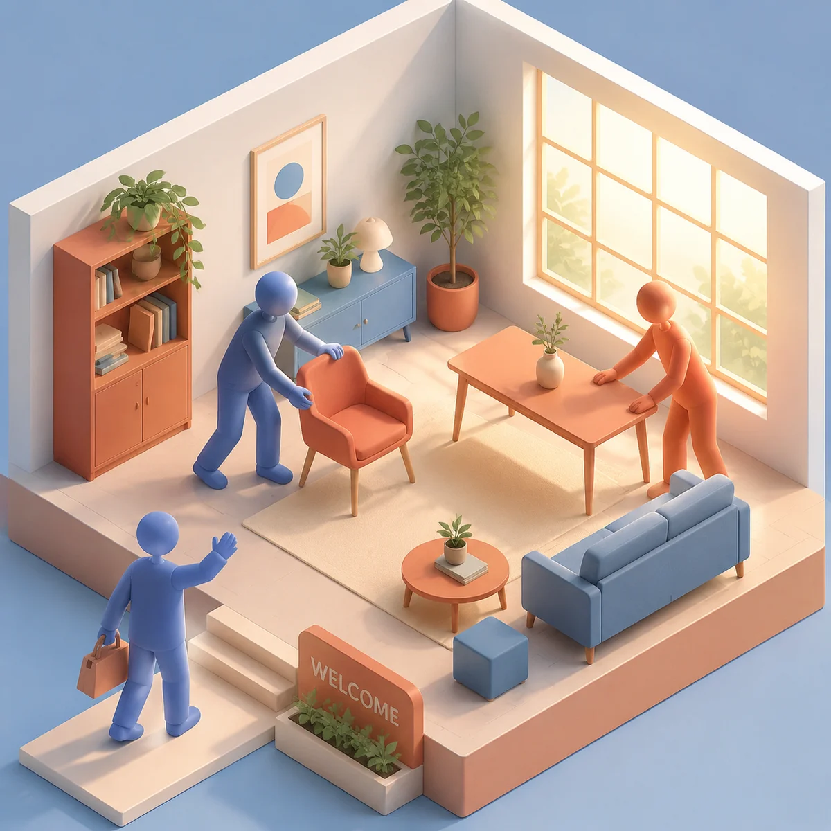 Isometric illustration of a couple actively making space for a third person in a shared activity, representing ethical couple behavior in threesome dating