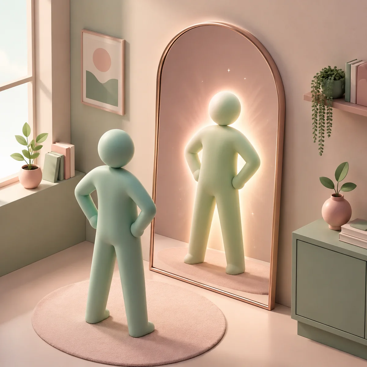 Isometric illustration of a single figure standing confidently with a mirror reflecting strength, representing self-advocacy for third partners