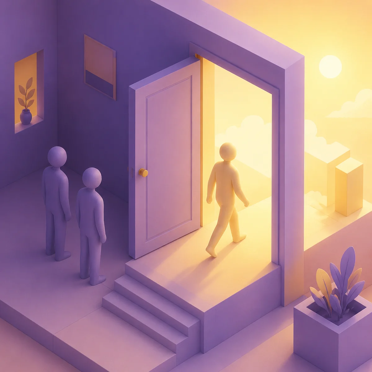 Isometric illustration of a person walking confidently toward an open door with light streaming through, representing choosing to leave an unhealthy threesome dynamic