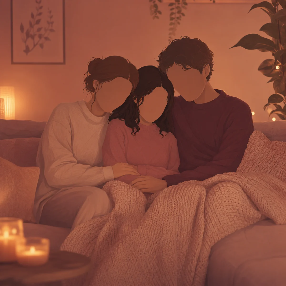 Three people sitting together on a comfortable couch in warm ambient lighting