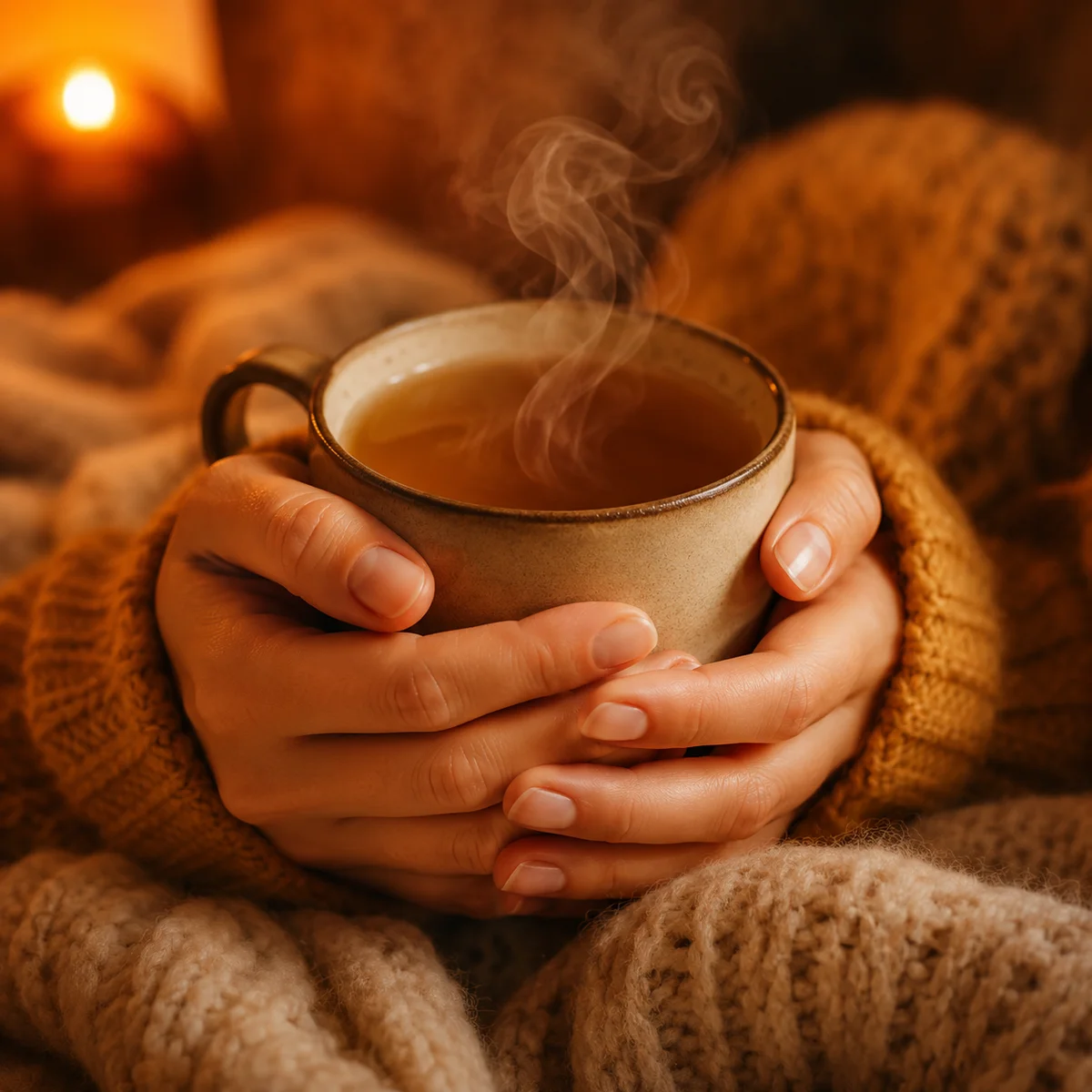 Close-up of hands wrapping around a warm mug of tea in soft duotone tones