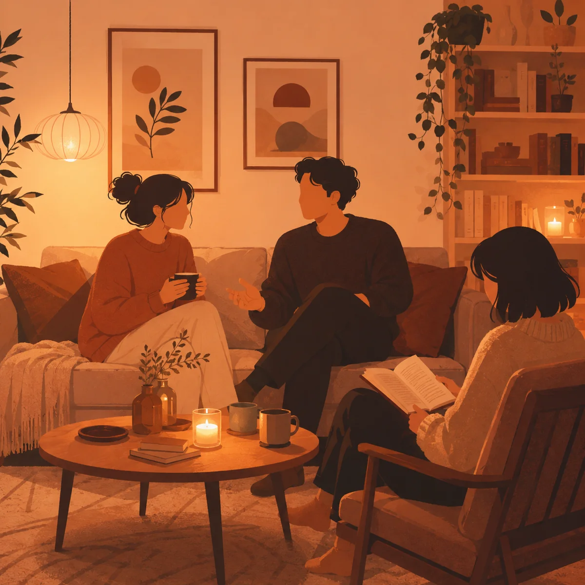 Two people having a gentle conversation with candlelight in warm amber tones