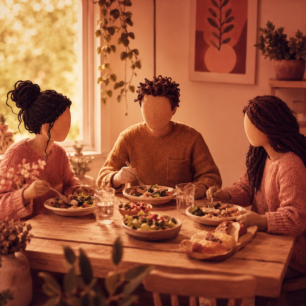 Three people sharing a meal at a wooden table with soft natural light
