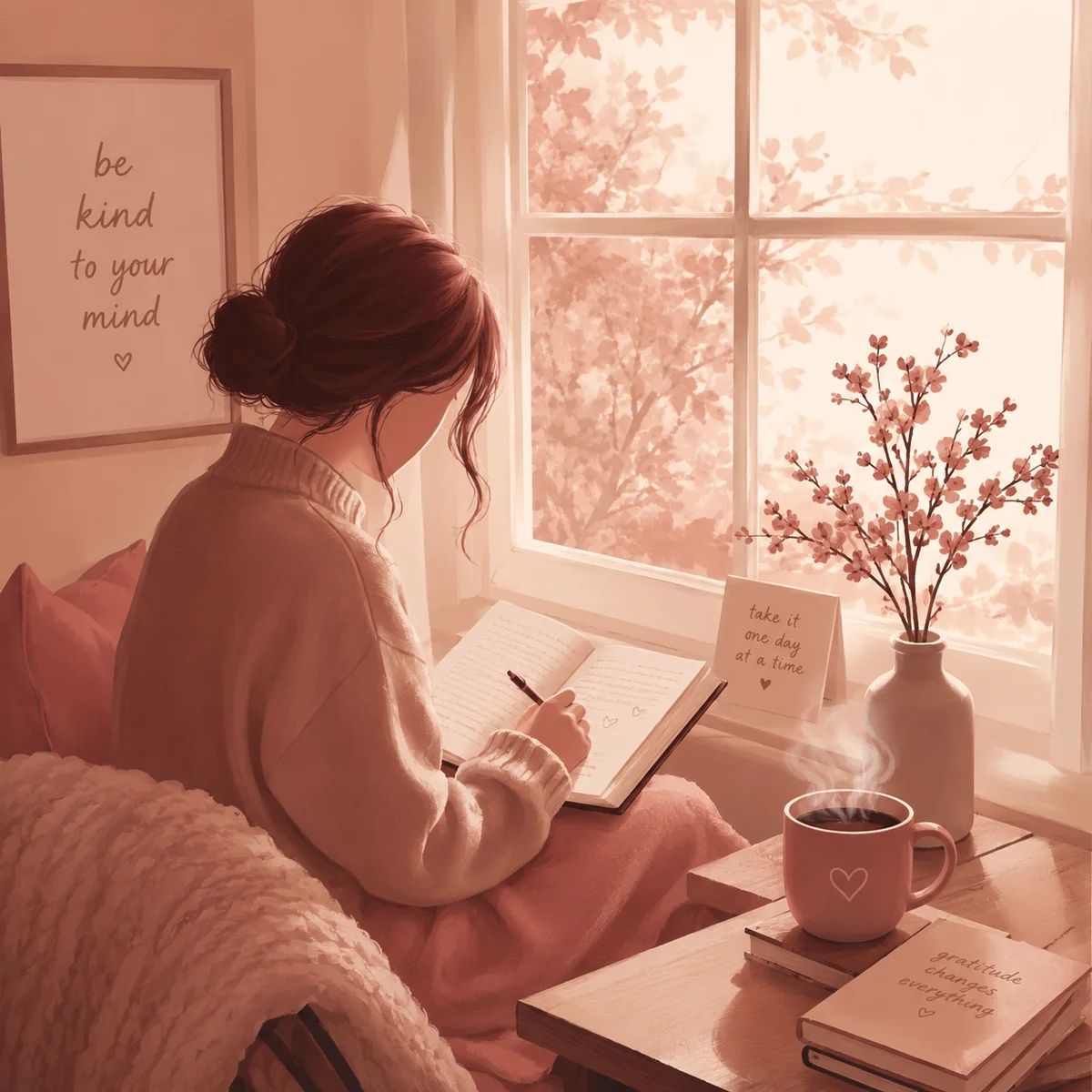 A person journaling by a window in soft morning light