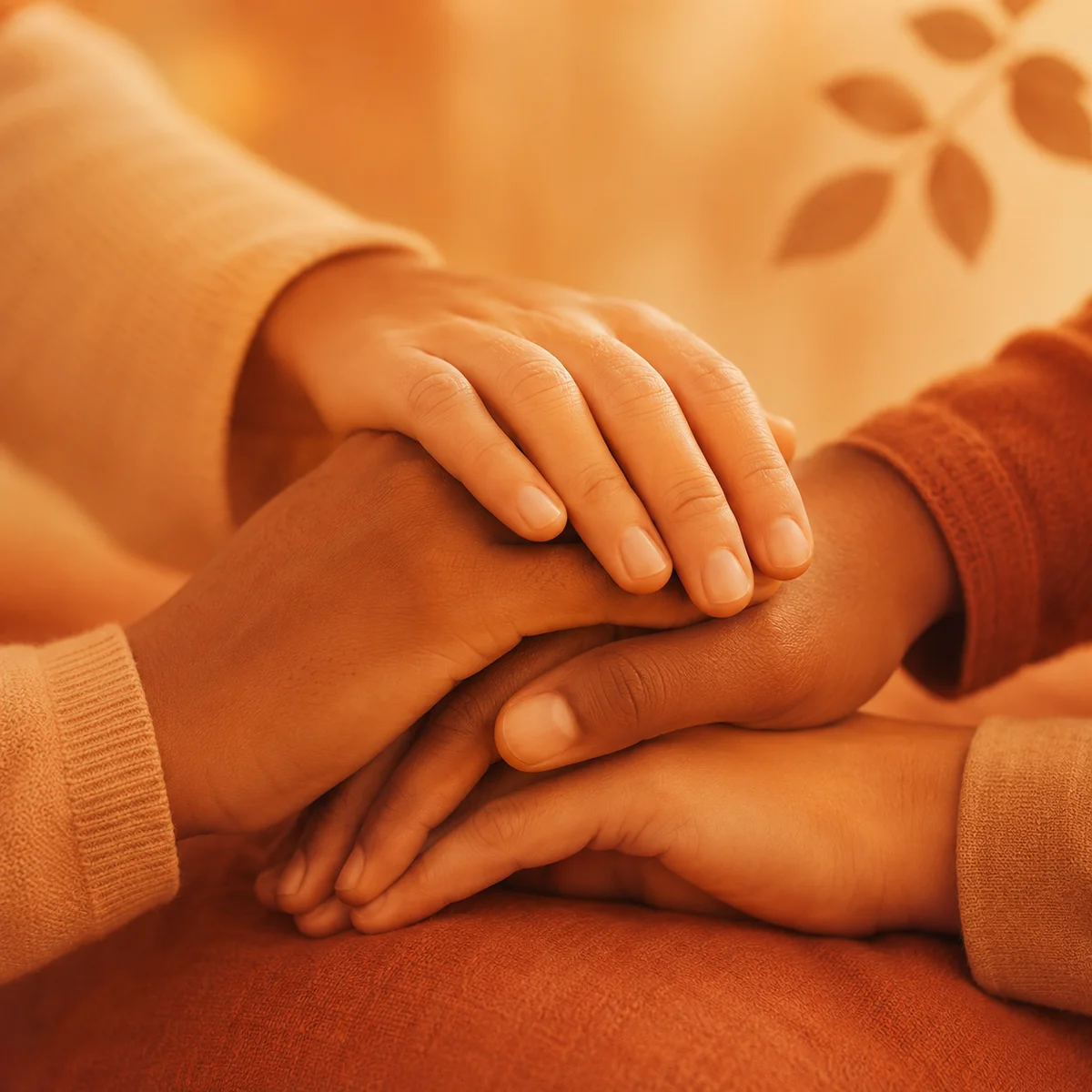 Three sets of hands overlapping symbolizing connection and mutual care