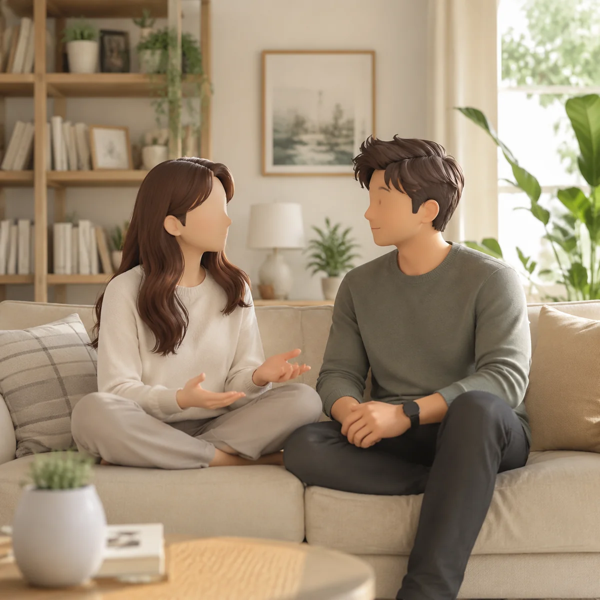 Couple sitting together having an honest conversation about threesome boundaries in a cozy living room