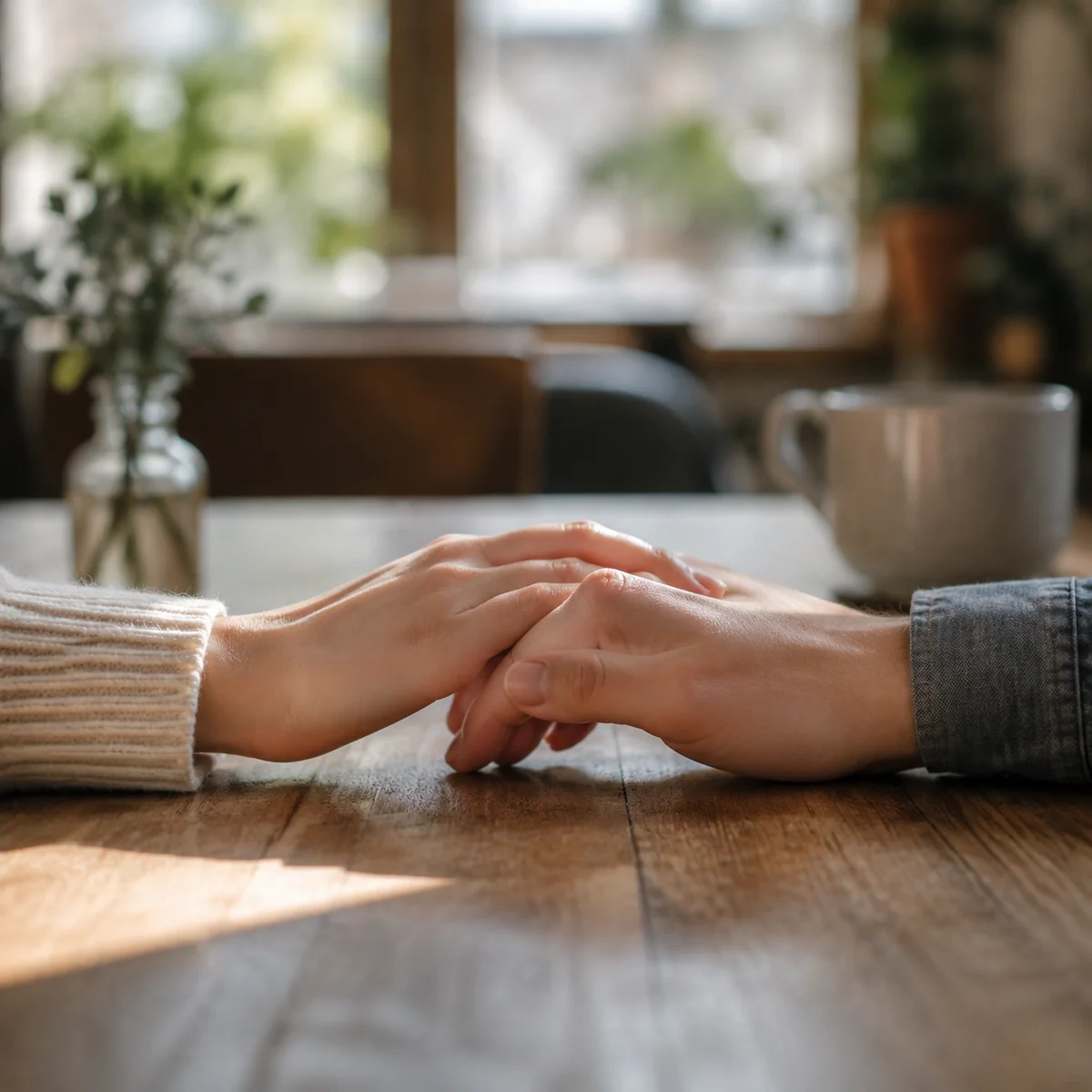 Two hands gently touching across a table in soft natural light, symbolizing physical boundary discussion