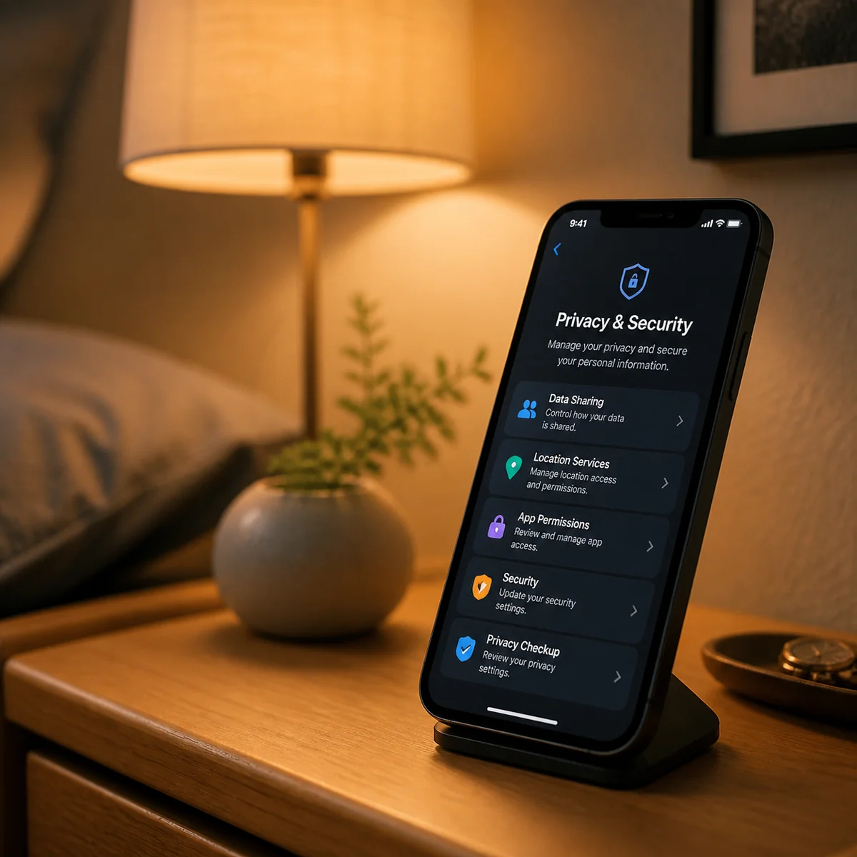 Phone screen showing privacy settings with warm ambient light in background