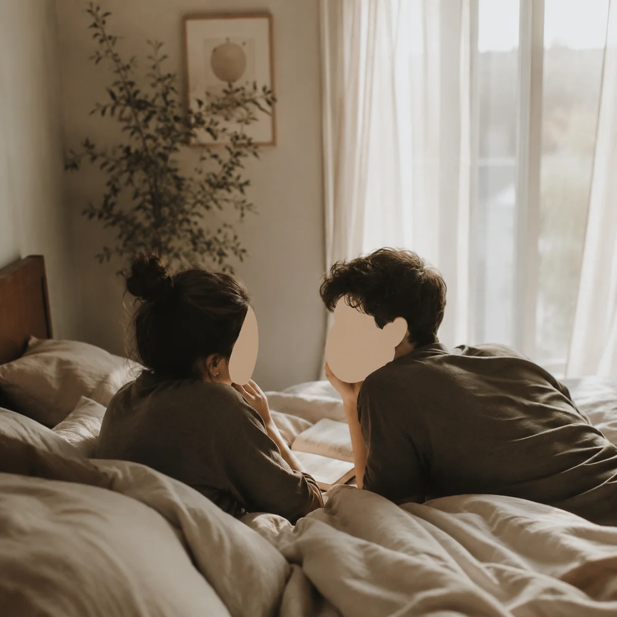 Couple lying together in bed having a quiet morning conversation after an experience
