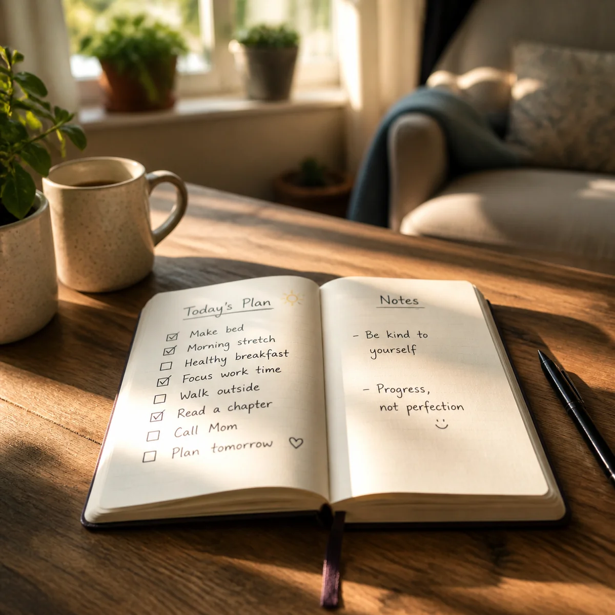 Notebook with handwritten checklist on a coffee table, warm morning light streaming through window