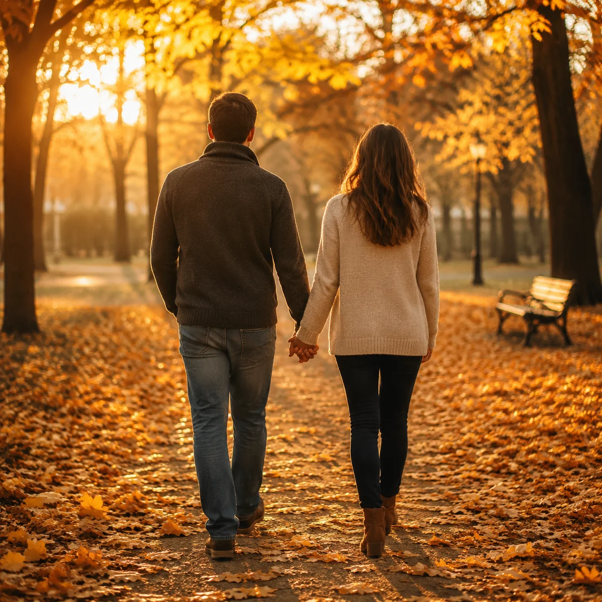 Couple walking together in a park, holding hands, seen from behind in golden hour light