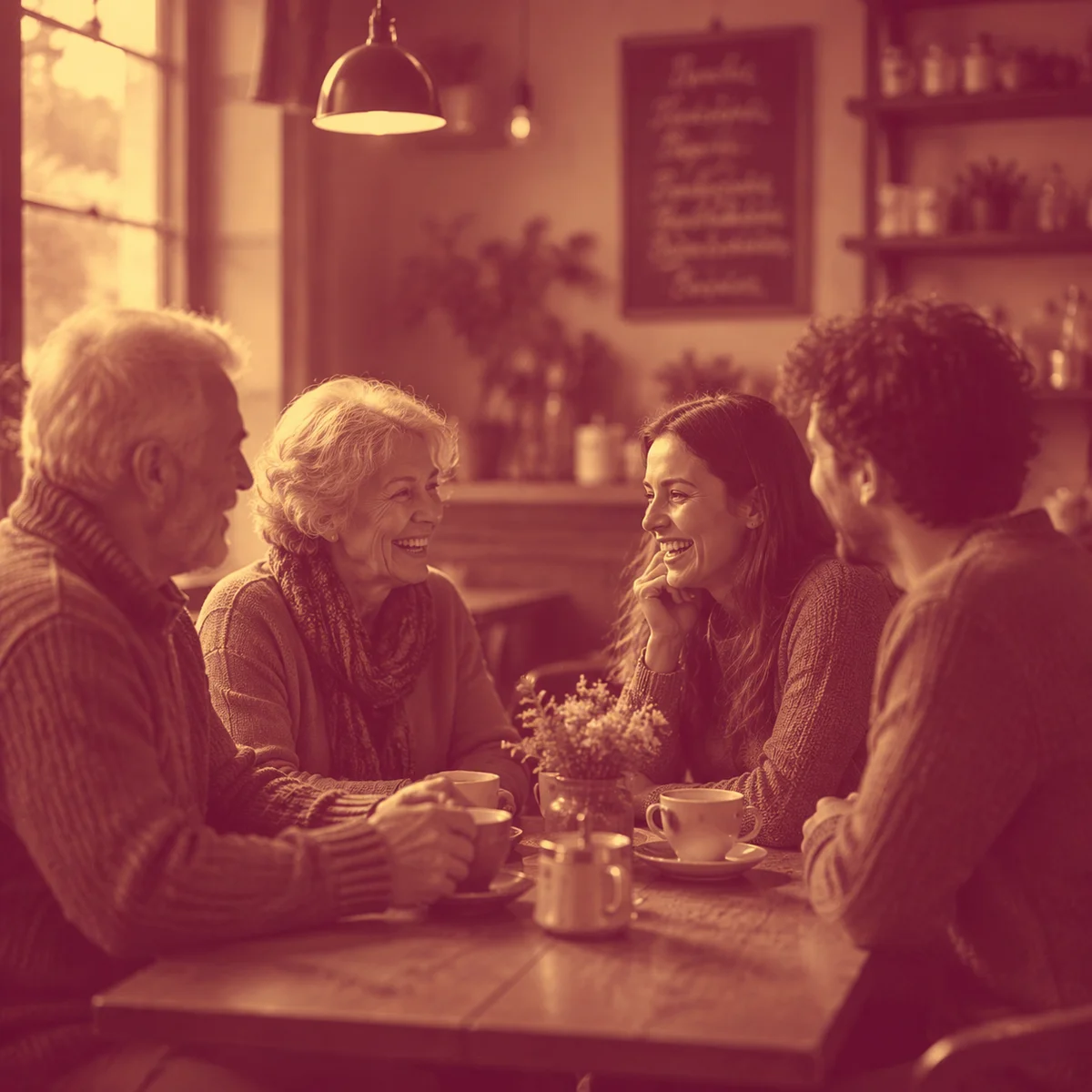 Warm duotone photograph of two couples of visibly different ages sitting at a cafe table in warm conversation, soft amber and rose tones, candid moment