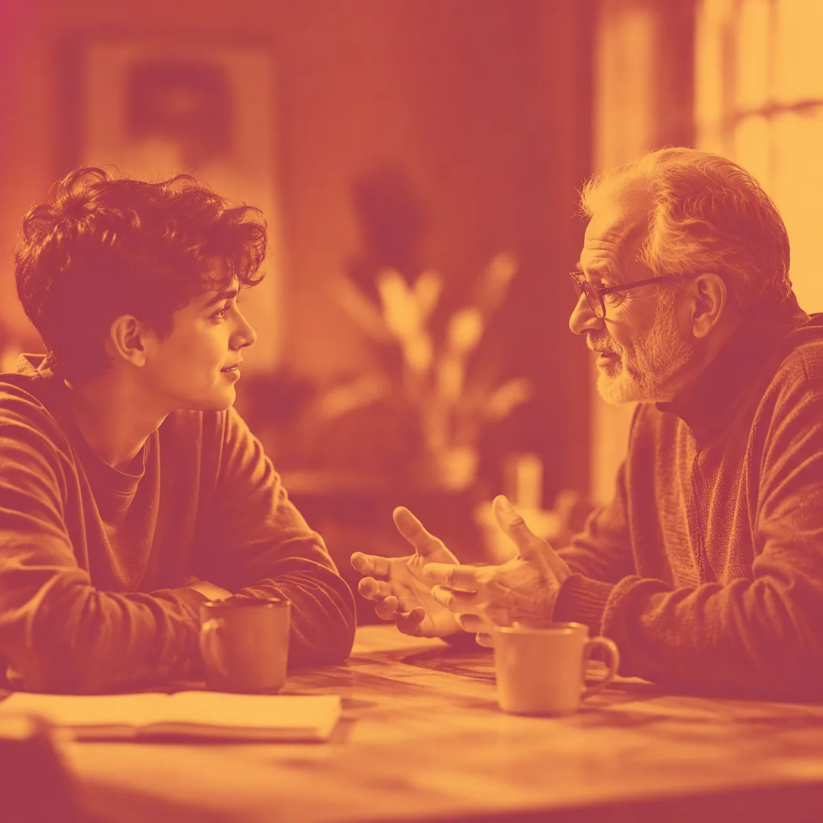 Warm duotone photograph of a younger person and an older person sitting across from each other engaged in focused conversation, warm coral and amber overlay, genuine connection visible