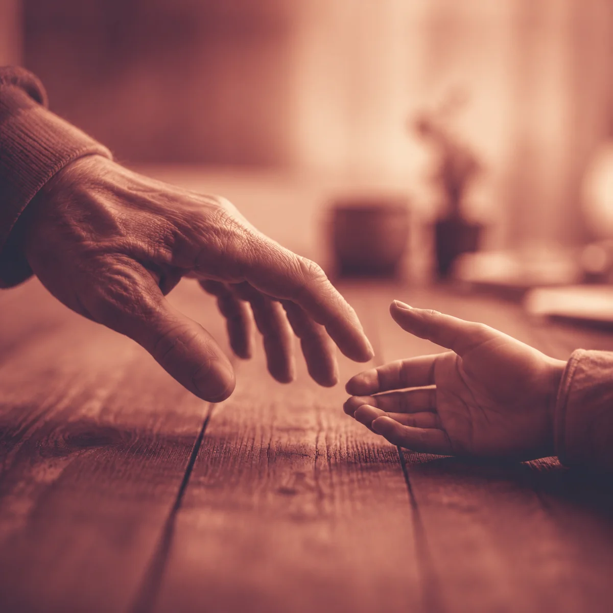Warm duotone close-up photograph of two hands reaching toward each other across a wooden table, different skin textures suggesting different ages, warm sepia and rose duotone overlay