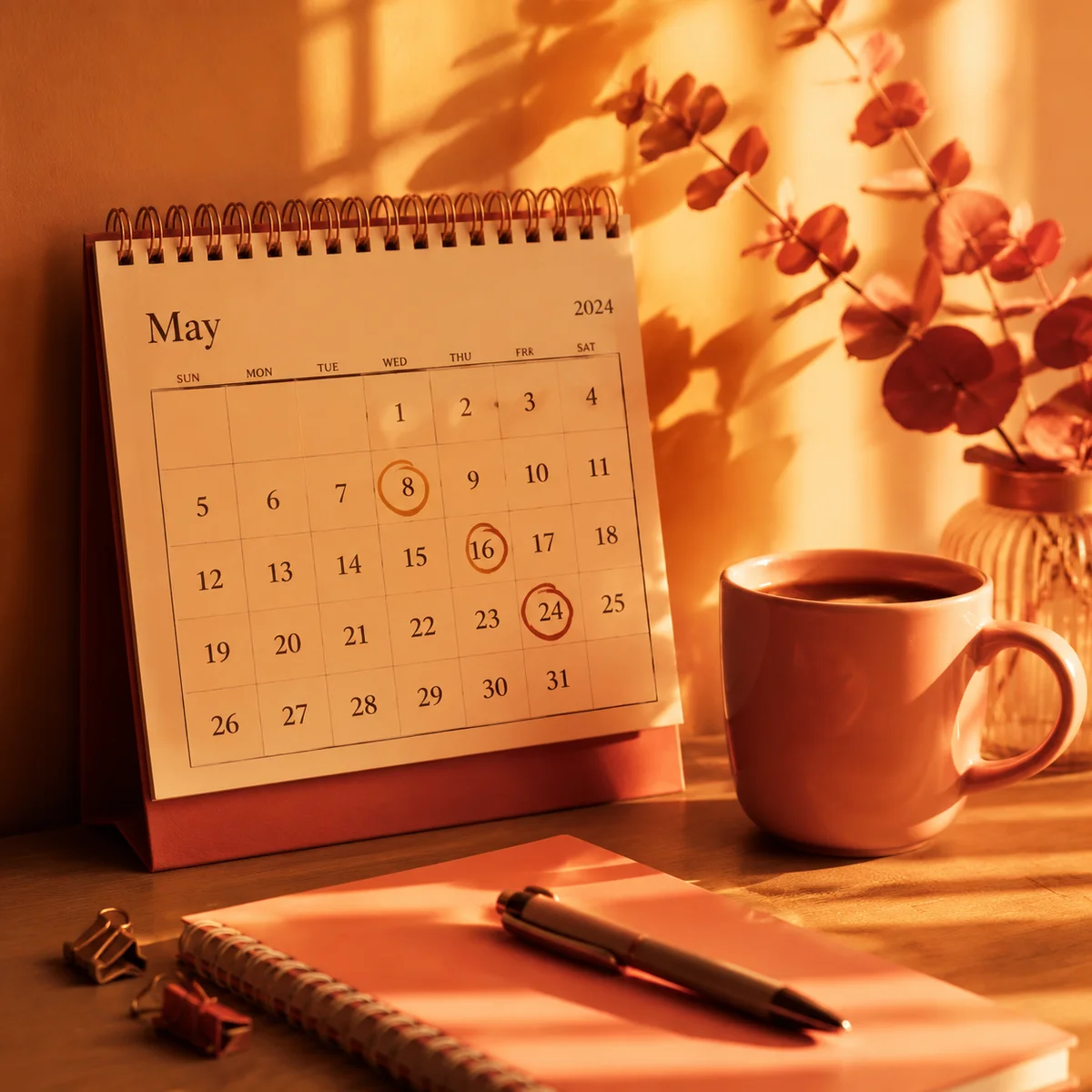 Warm duotone still life photograph of a desk calendar marked with circled dates and a cup of coffee beside it, golden hour light streaming across the surface, warm amber and coral duotone