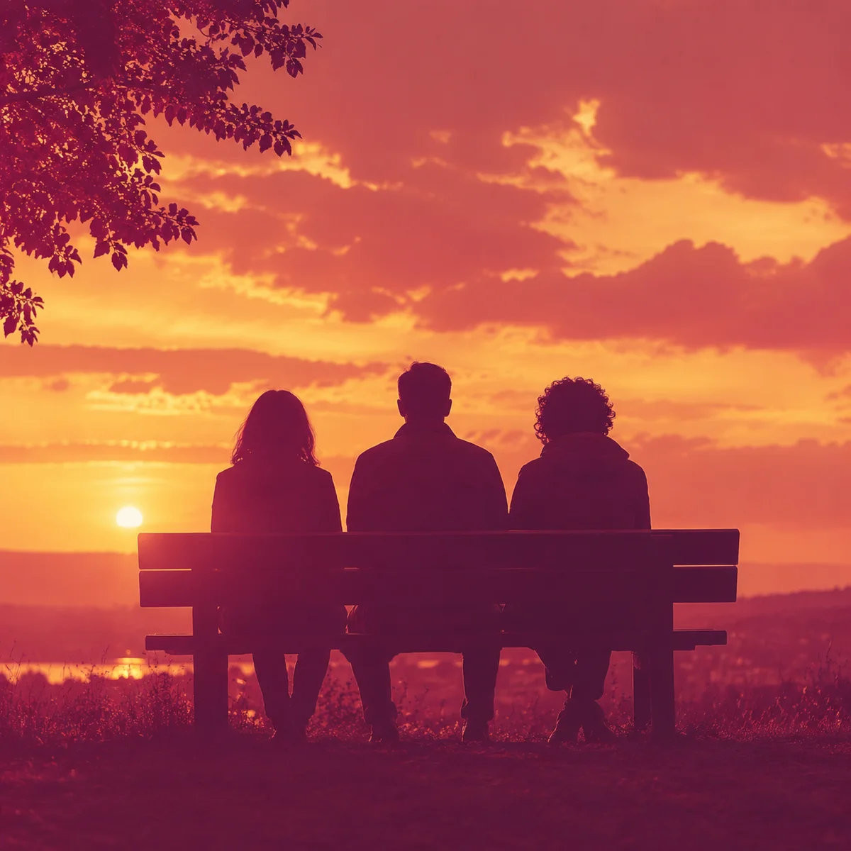 Warm duotone photograph of three silhouetted figures sitting together on a park bench against a sunset sky, warm amber and rose duotone overlay, calm peaceful atmosphere