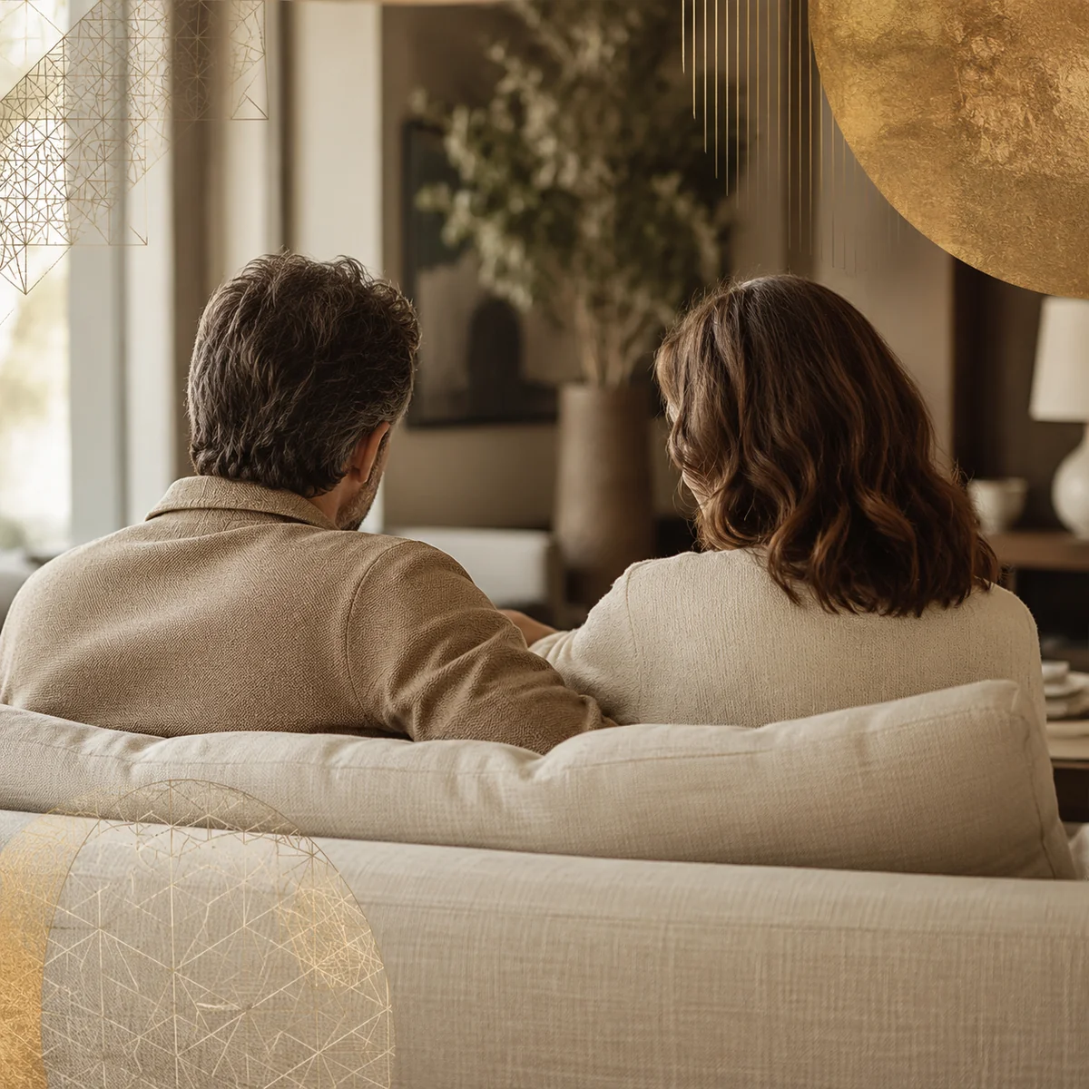 Editorial photograph of a mature couple having a quiet conversation on a modern sofa in natural window light