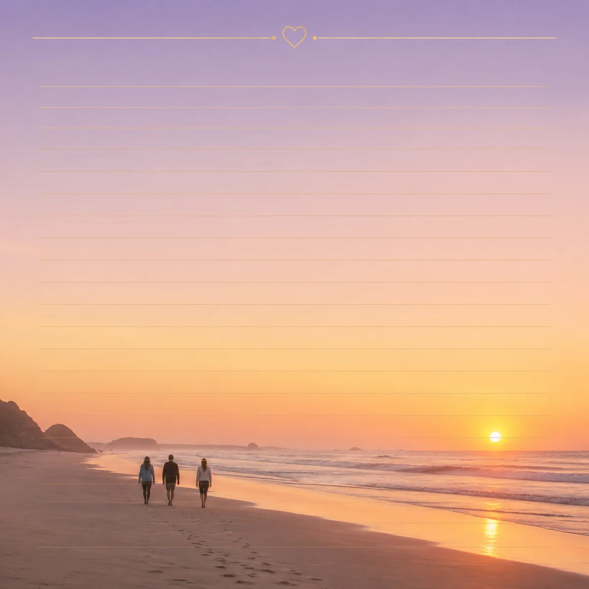 Three silhouettes walking on a beach at sunset, small figures against a wide pastel sky