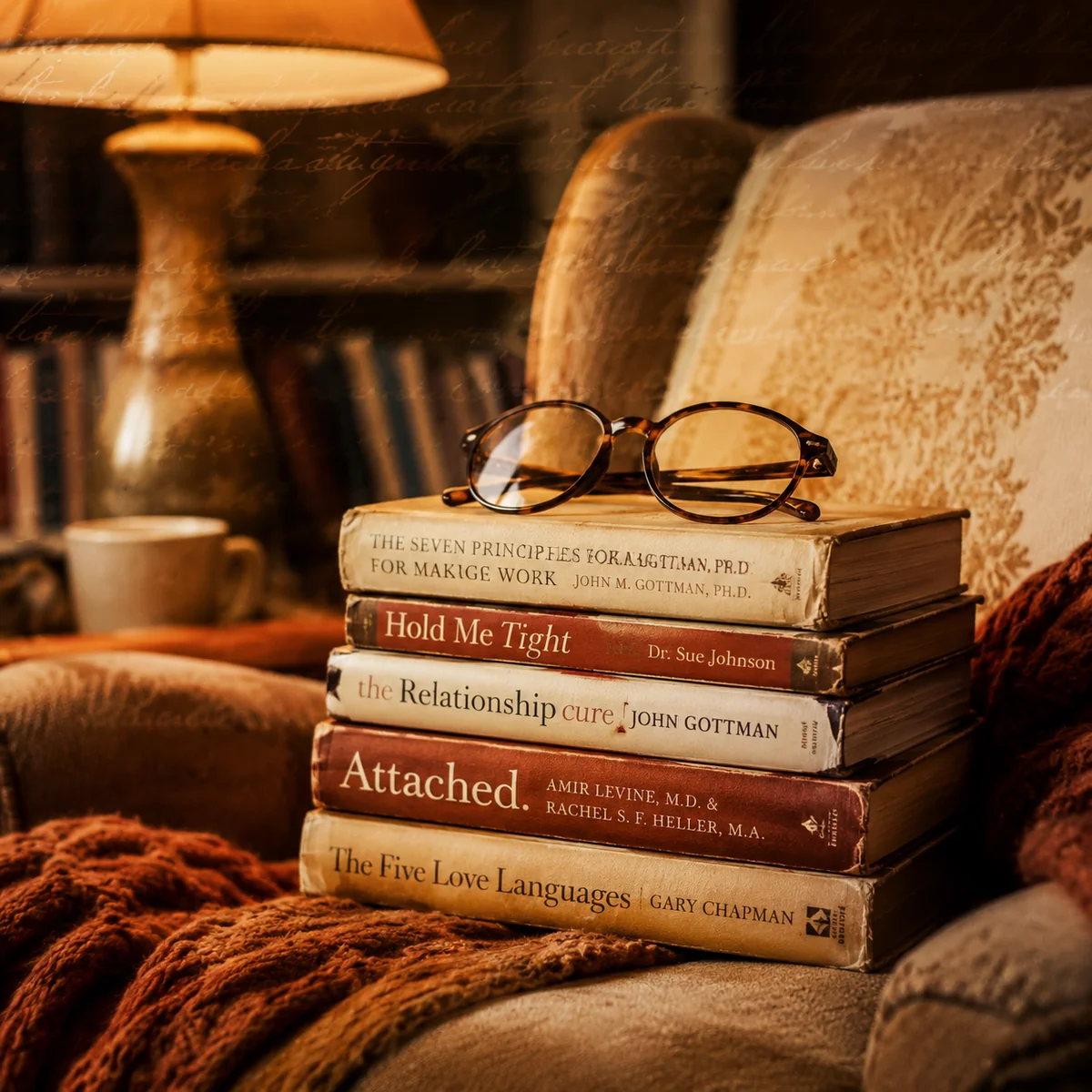 Stack of well-worn books on an armchair with reading glasses, warm amber lamp glow