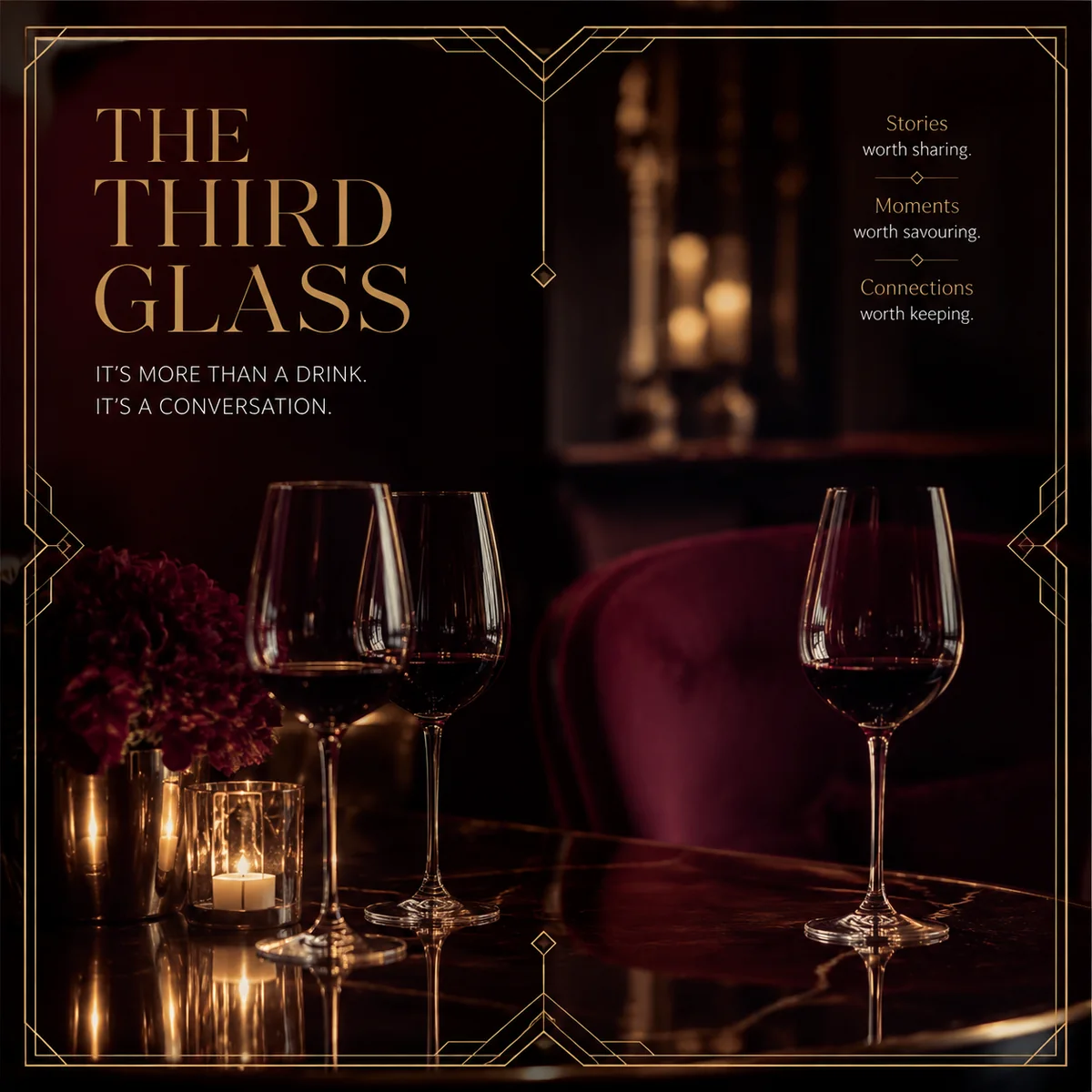 Two wine glasses and a third set apart on a polished wooden table, soft candlelight