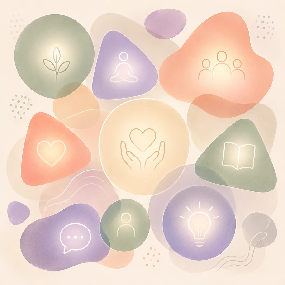 Abstract arrangement of glowing geometric shapes in harmonious colors, representing a mental health support toolkit