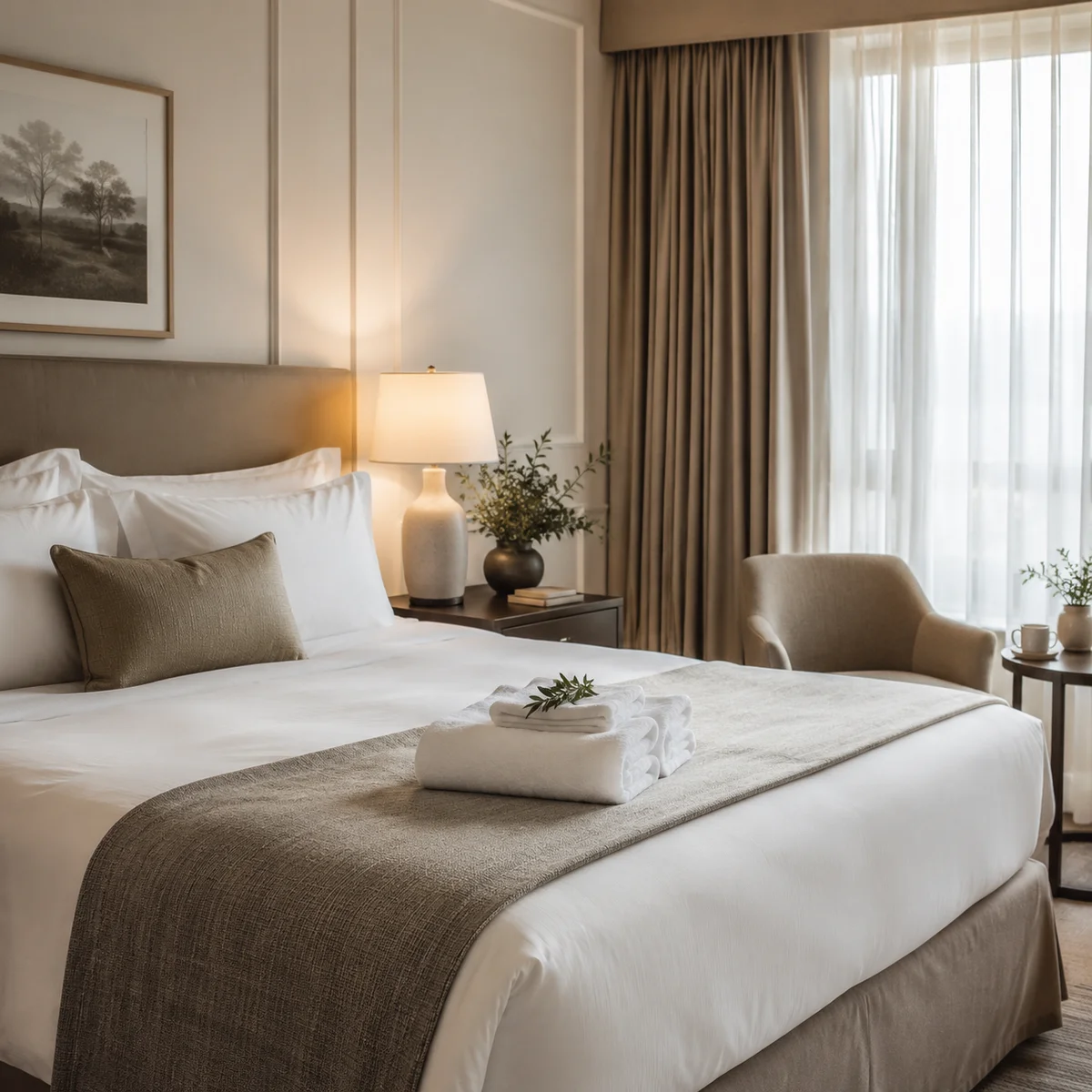 Hotel room interior showing neutral meeting space for discreet threesome dating