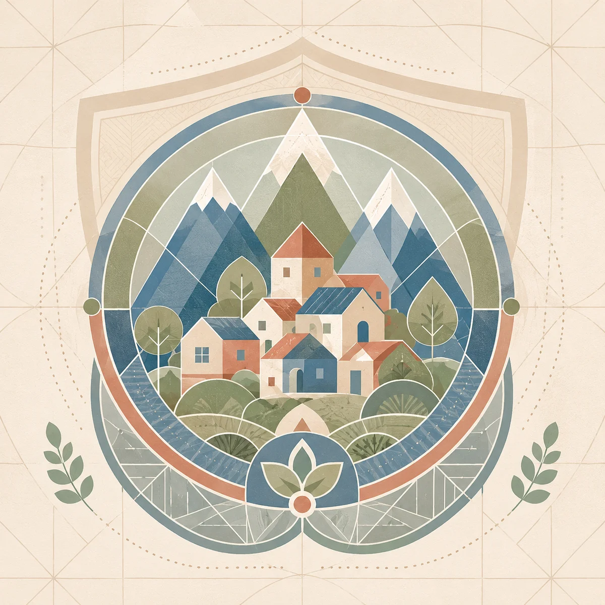 Geometric illustration of houses within protective layered shapes, representing small-town privacy and community