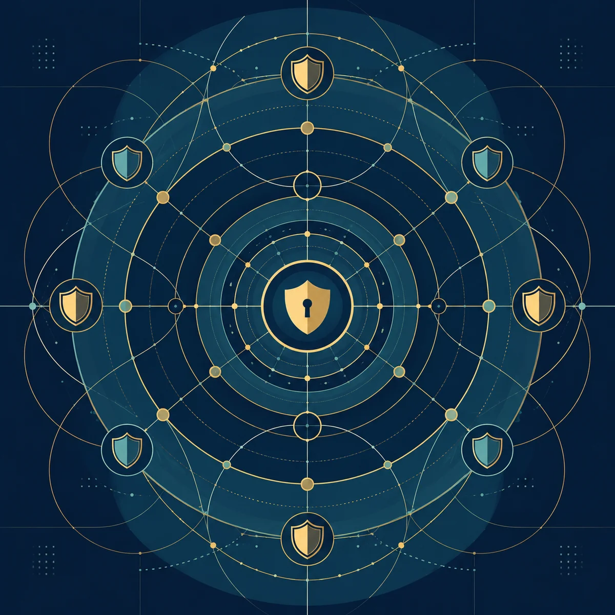 Abstract geometric pattern with intersecting circles and shields, representing layered privacy in dense social networks
