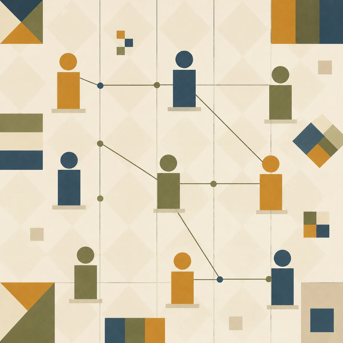Abstract geometric figures positioned within a structured grid with selective connecting lines, representing compartmentalized social circles