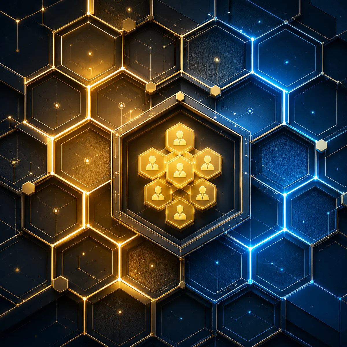 Interconnected hexagonal honeycomb pattern with glowing cells, representing trusted community networks and mutual protection