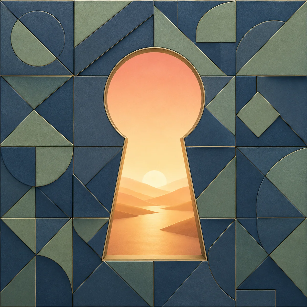 Geometric keyhole within tiled pattern revealing warm light beyond, representing selective disclosure and privacy control