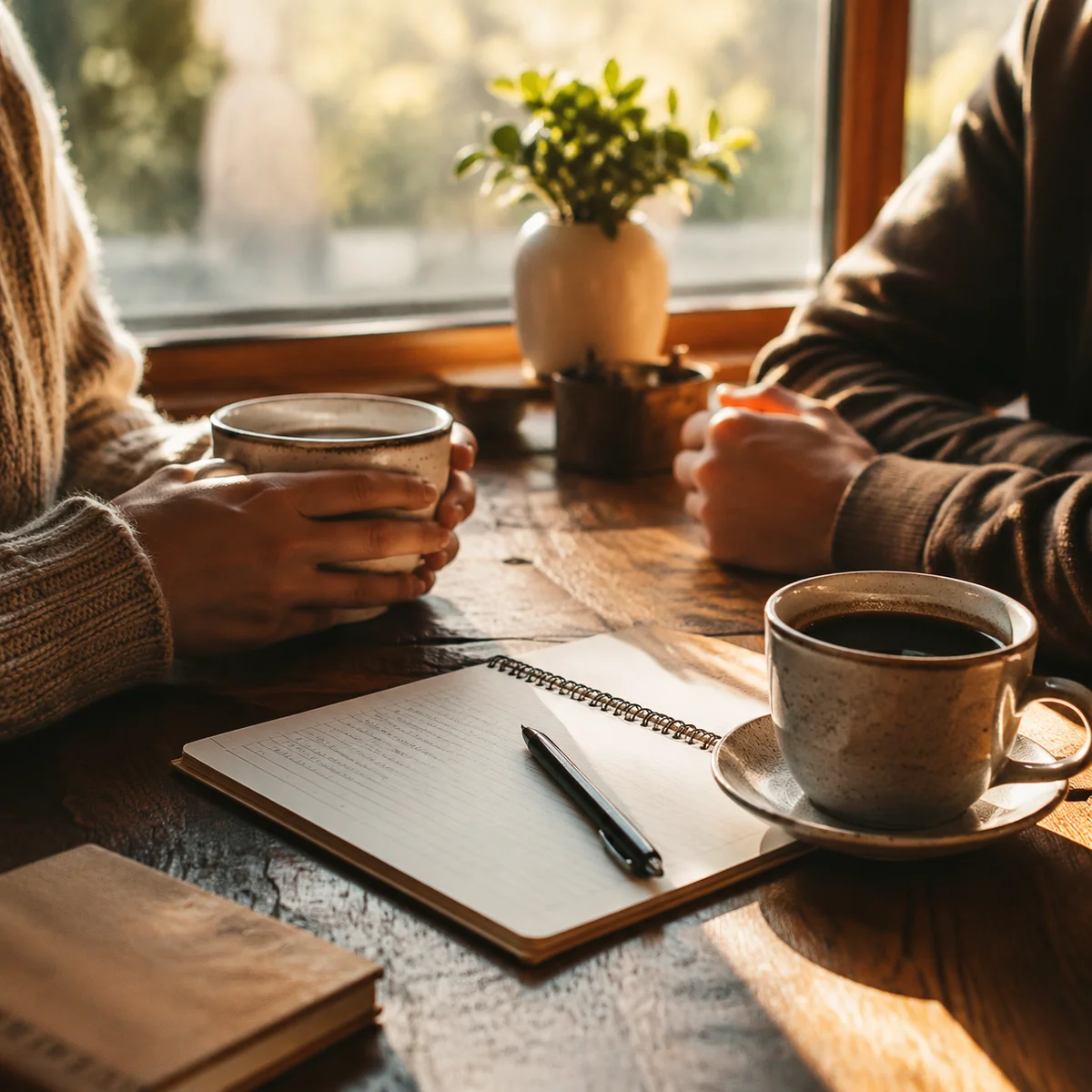Two coffee cups on a wooden table with morning light streaming in, notebook and pen suggesting a meaningful conversation