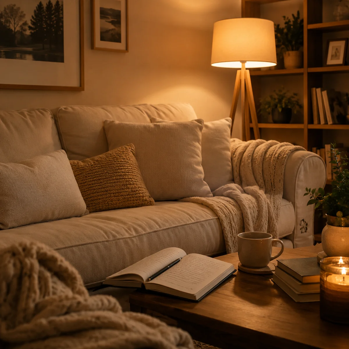 Cozy living room with plush sofa and soft lamplight, open notebook on coffee table, safe and quiet atmosphere