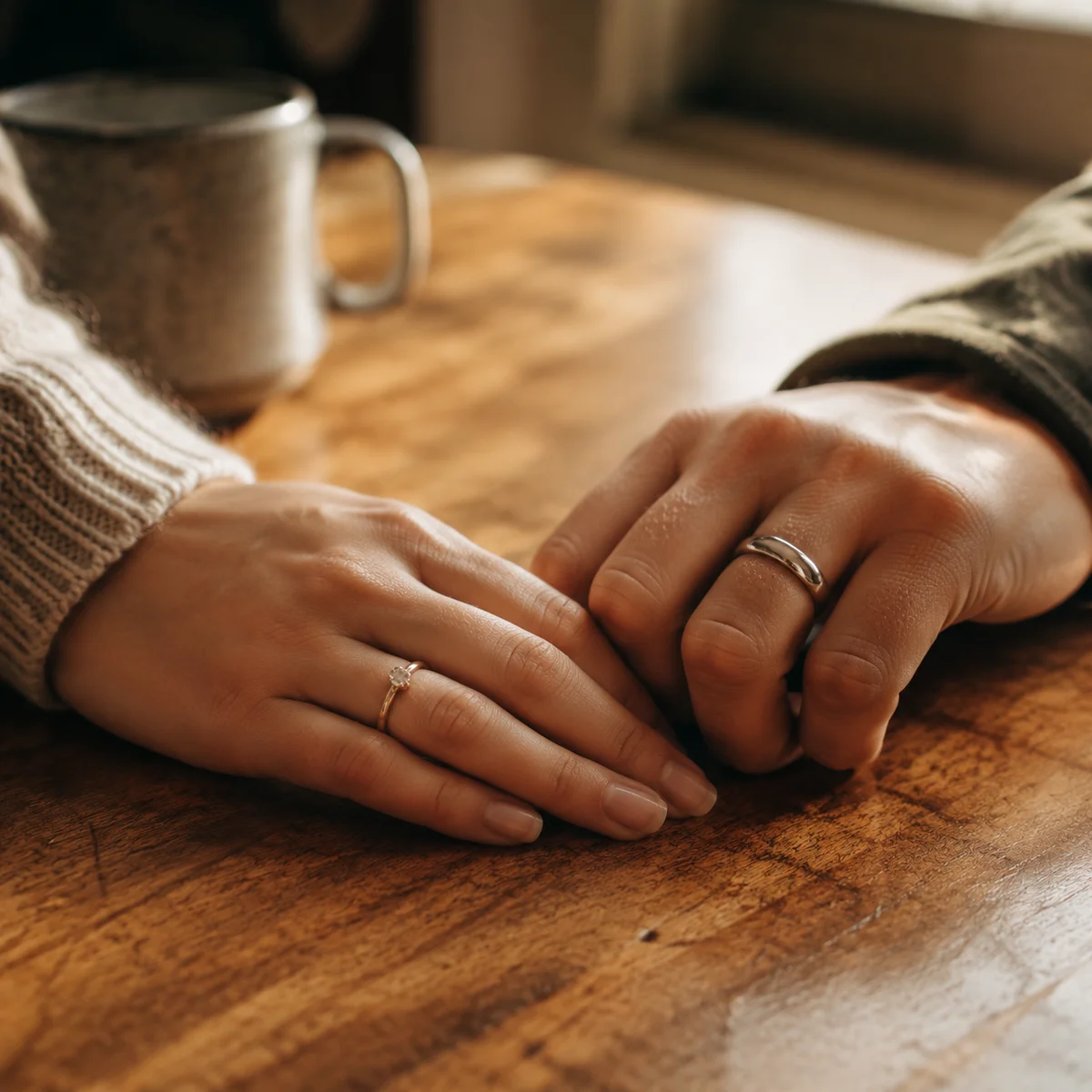 Close-up of two hands resting near each other on a wooden table in soft natural light