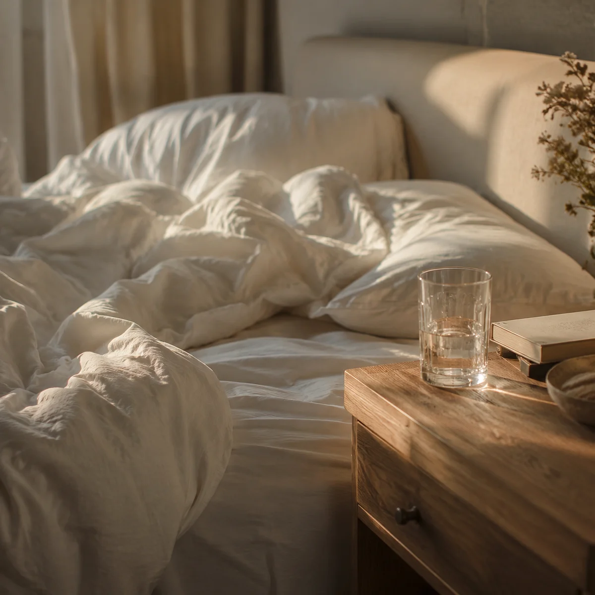 Peaceful bedroom with rumpled white bedding in morning light, glass of water on nightstand