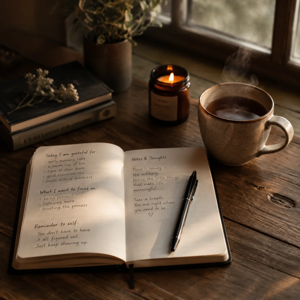 Open journal with handwritten notes and pen, cup of tea nearby, soft window light