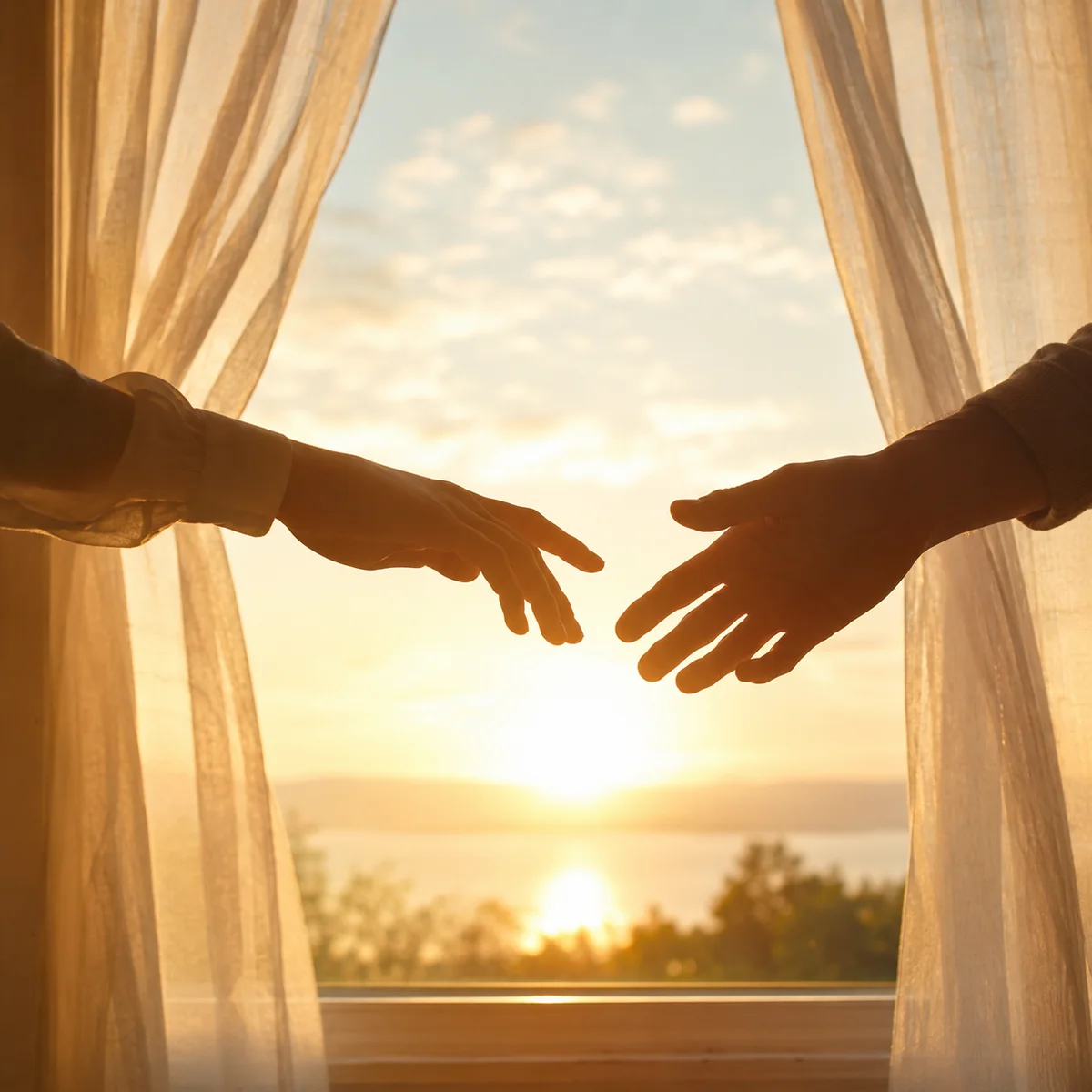 Sunrise through sheer curtains, two hands reaching toward each other in silhouette against golden light