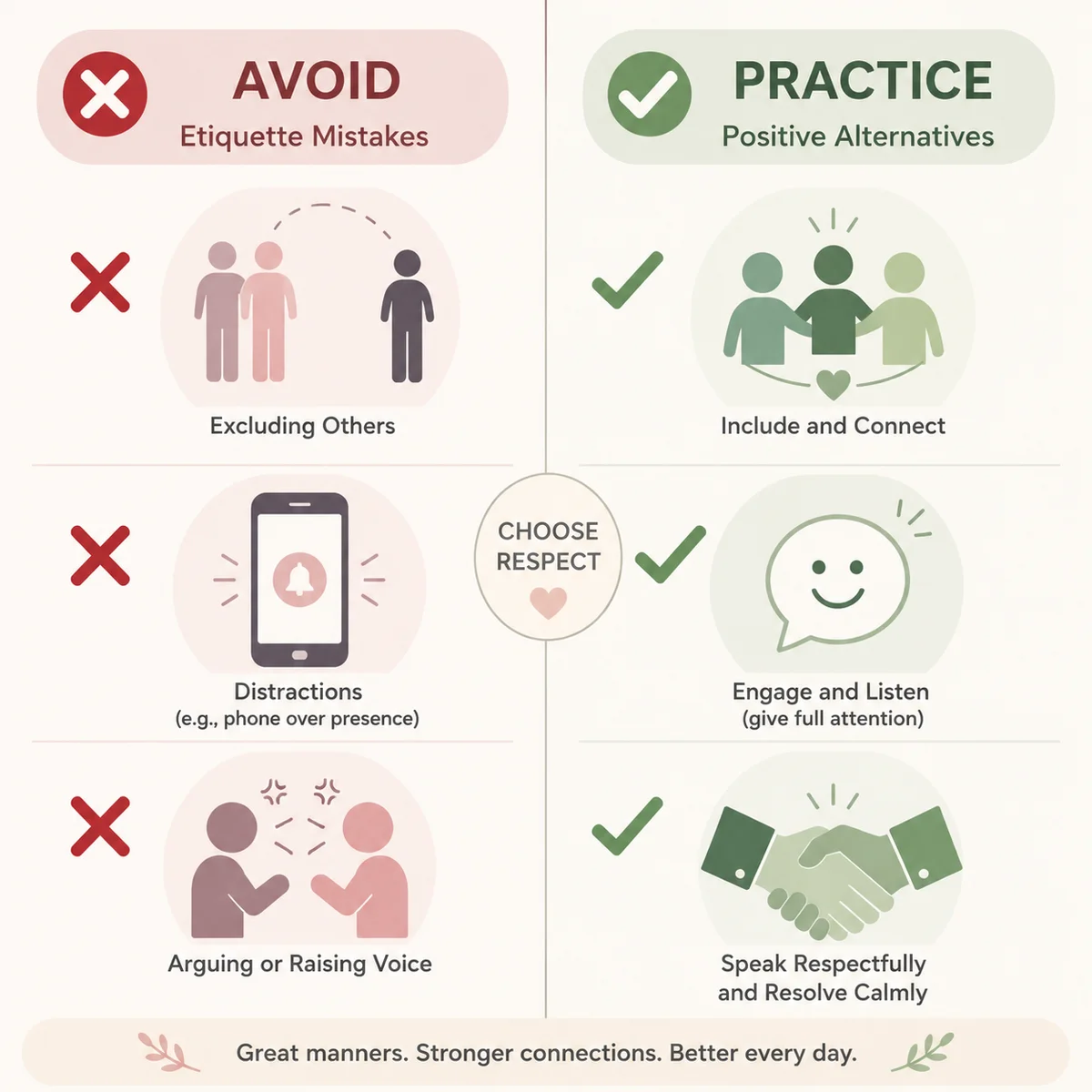Infographic chart comparing common threesome etiquette mistakes with better alternatives using checkmarks and X marks
