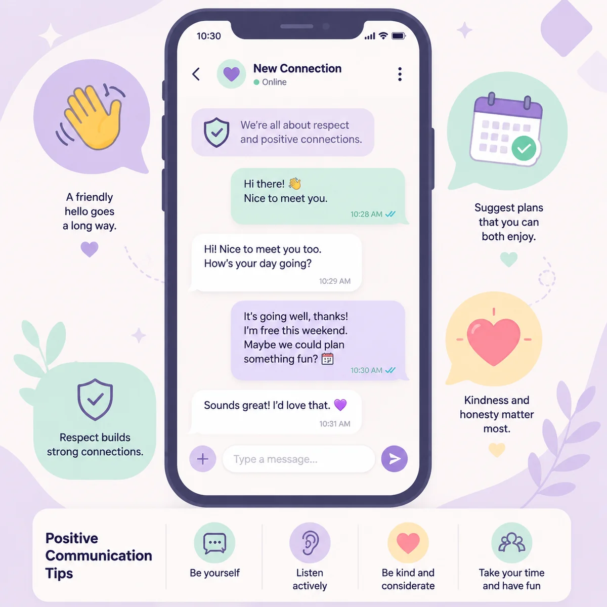 Infographic illustration of respectful digital communication on a smartphone showing threesome dating app interface with positive messaging examples