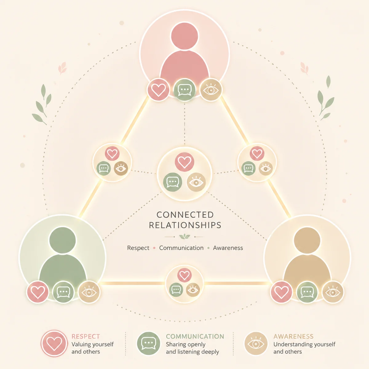 Summary infographic of threesome etiquette principles showing three abstract figures connected by mutual respect arrows