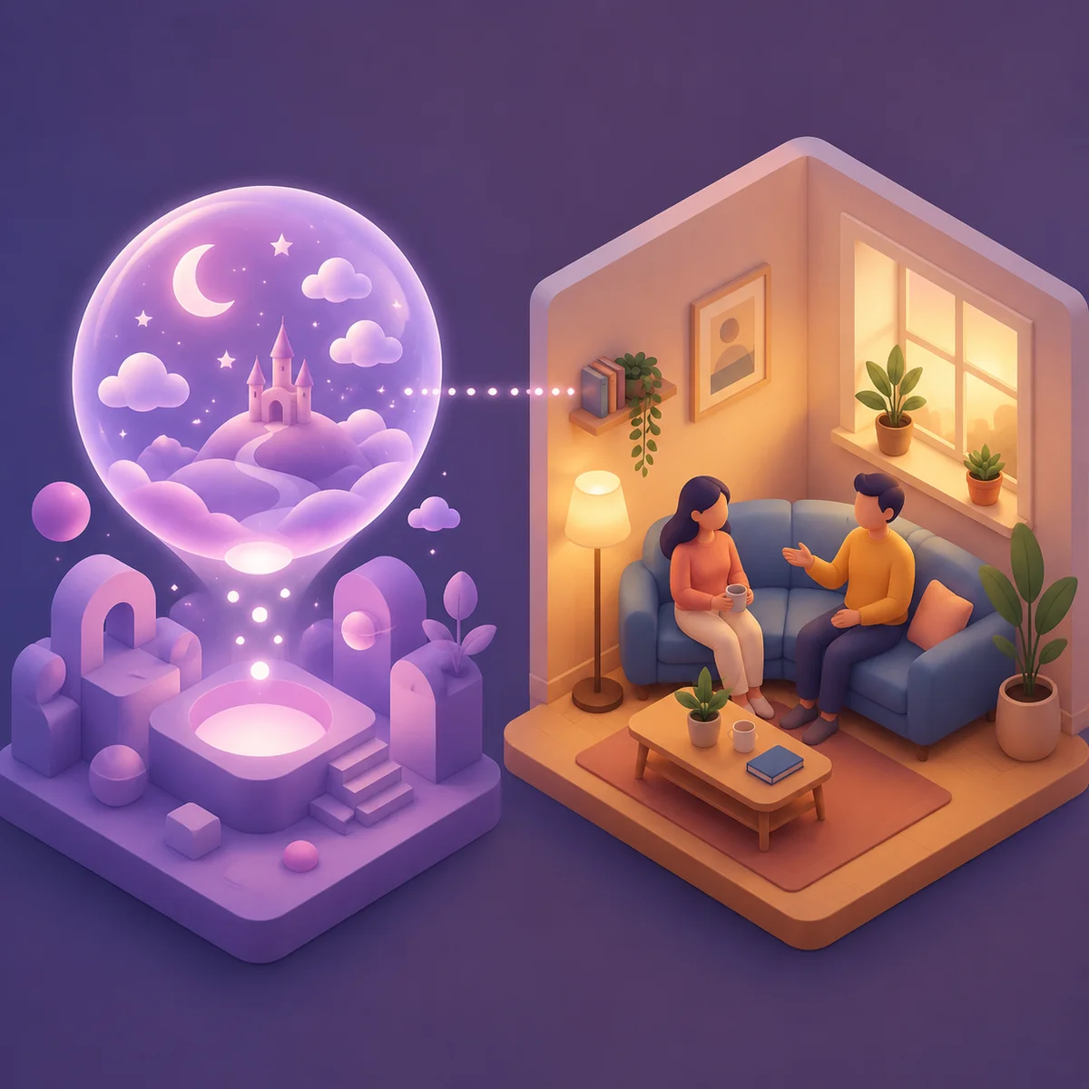 Threesome fantasy vs reality split illustration showing dream bubble and real living room conversation