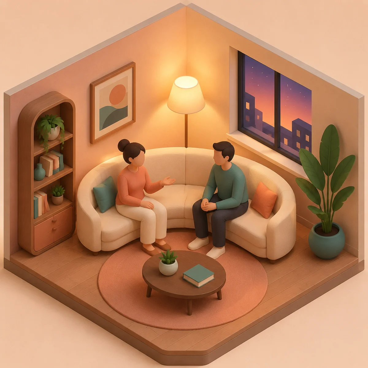 Isometric illustration of a couple having a calm conversation on a sofa about their expectations