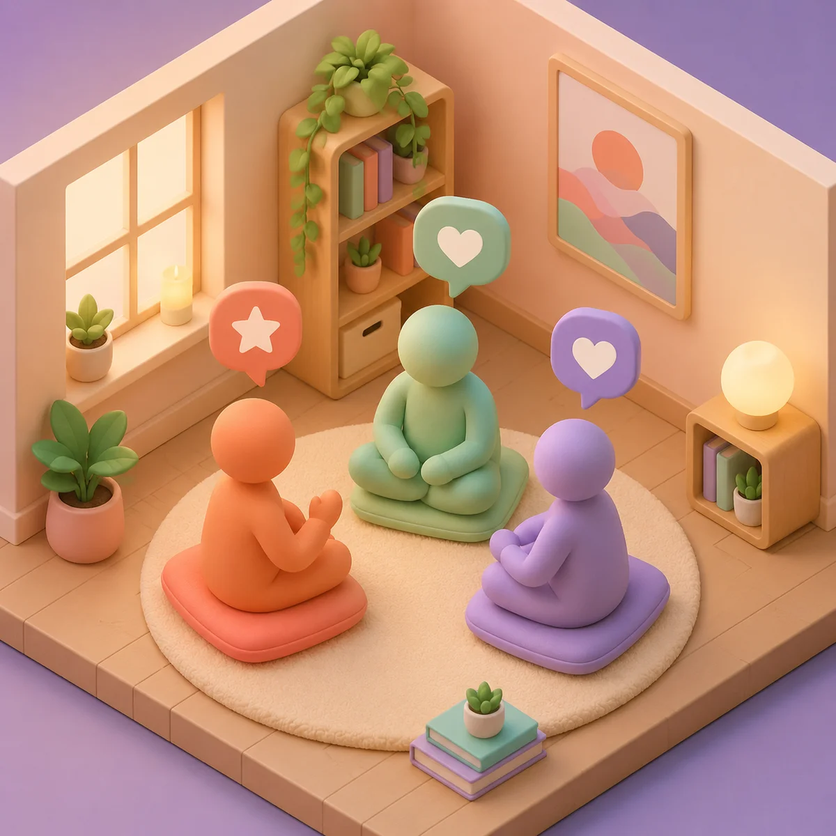 Three abstract figures sitting in a circle communicating with speech bubbles in a cozy room