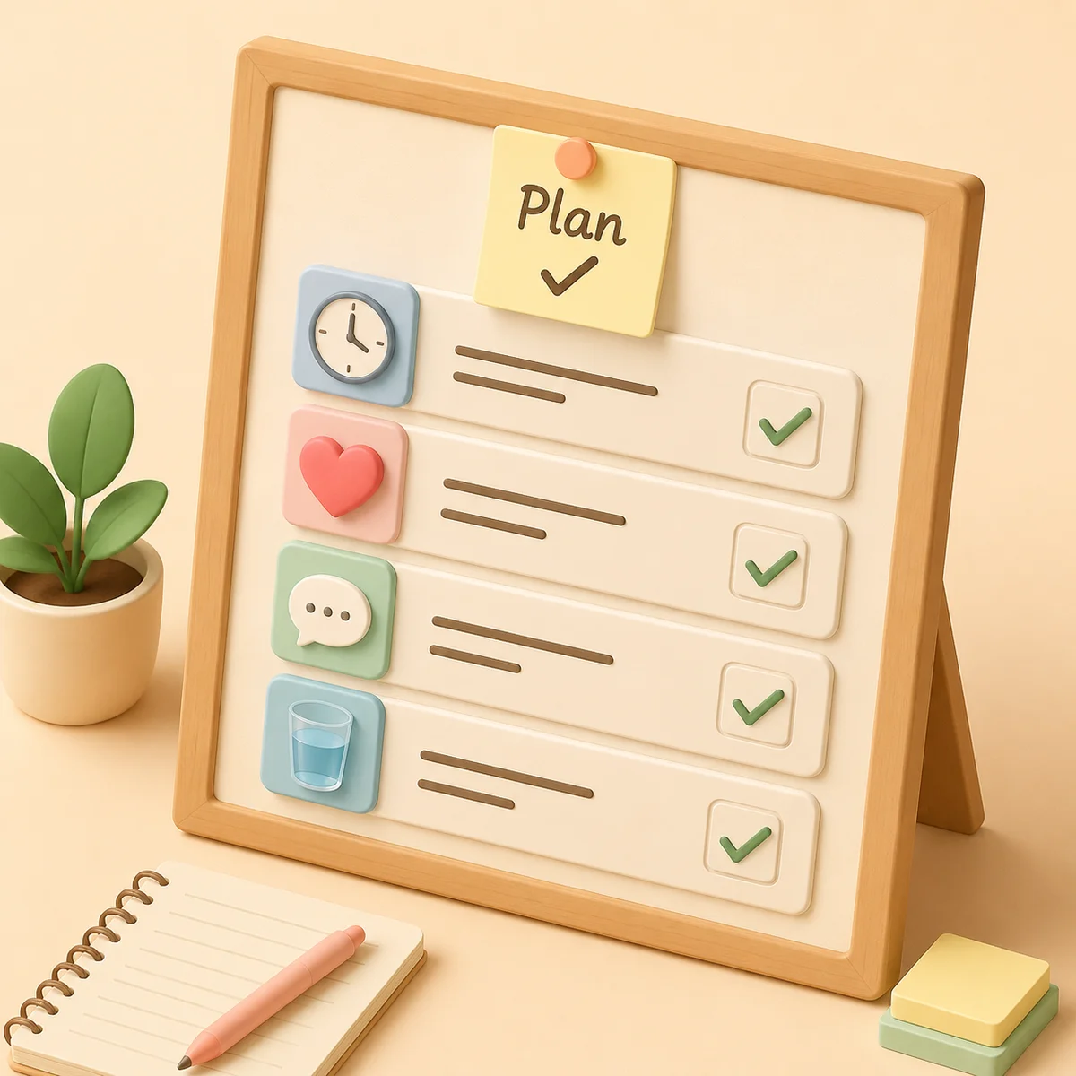 Isometric planning board with checklist items for preparing a threesome experience
